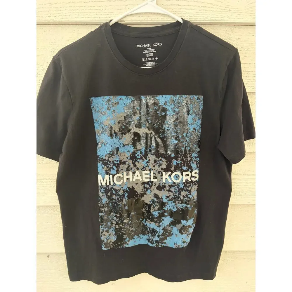 Michael Kors Graphic Logo T-Shirt Black Blue Paint Print Medium 100% Cotton - Picture 1 of 5